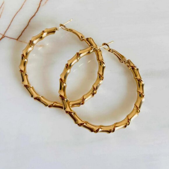 14K Gold Womens 3" Large Twisted Gold Bamboo Earrings 3 inch Ladies 14 K Jewelry - Picture 4 of 5